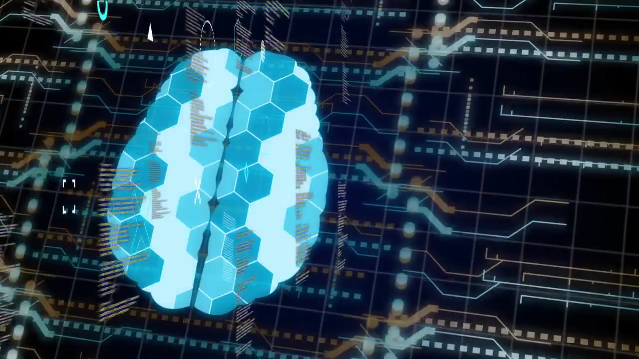 Incoming data starting 3D brain pulsing, lighting hex tiles while code columns rising for analysis