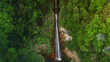tomada aérea cinematográfica de la cascada natural de ribeira quente en sao miguel en las azores - portugal
