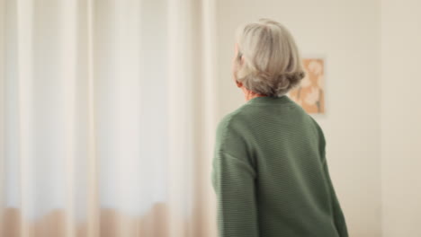 senior, woman and open of curtain in home