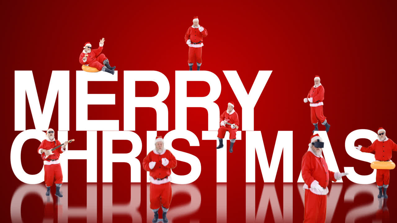 산타클로스 그룹이 춤을 추고 다양한 활동을 하고 있습니다.