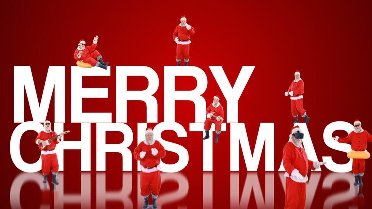 Group of santa claus dancing and performing various activity