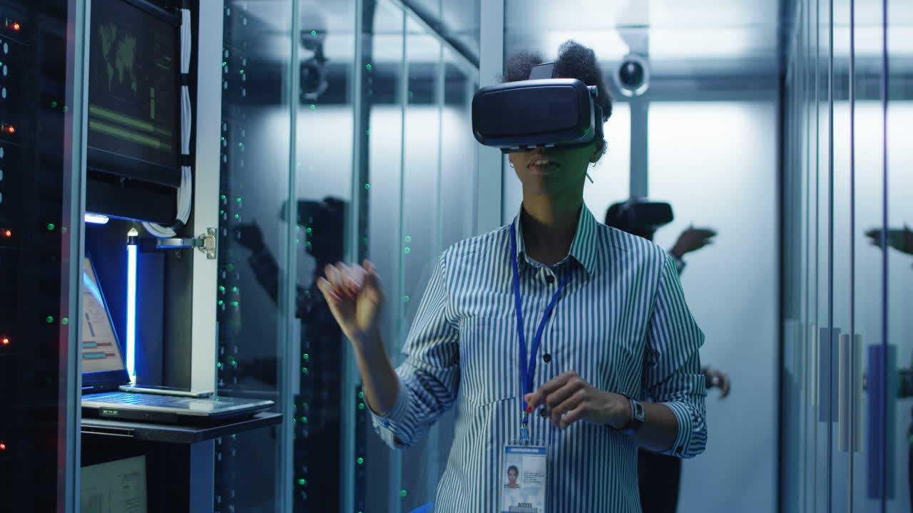 Woman in VR Headset Interacting in a Data Center
