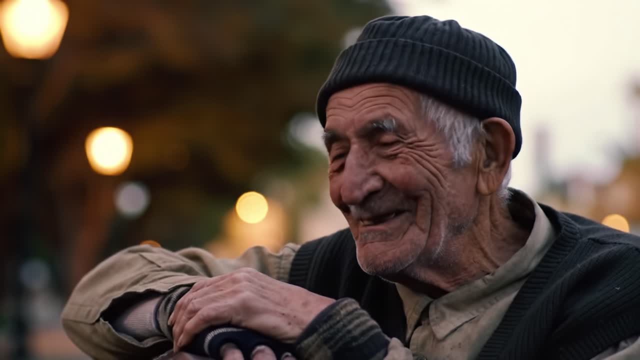 A Heartwarming Encounter: Capturing the Joy and Wisdom of an Elderly Man in a Serene Setting with a Grateful Smile and Warm Presence