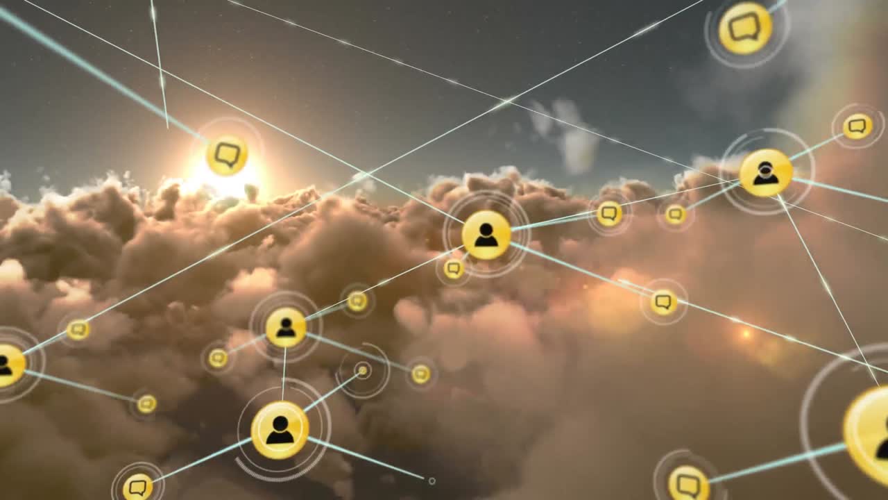 animación de redes de conexiones con iconos en el cielo