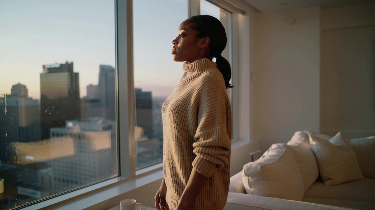 Donna in piedi con un maglione beige a casa vicino alla finestra, mentre la luce del sole entra e lei alza il mento verso lo skyline.