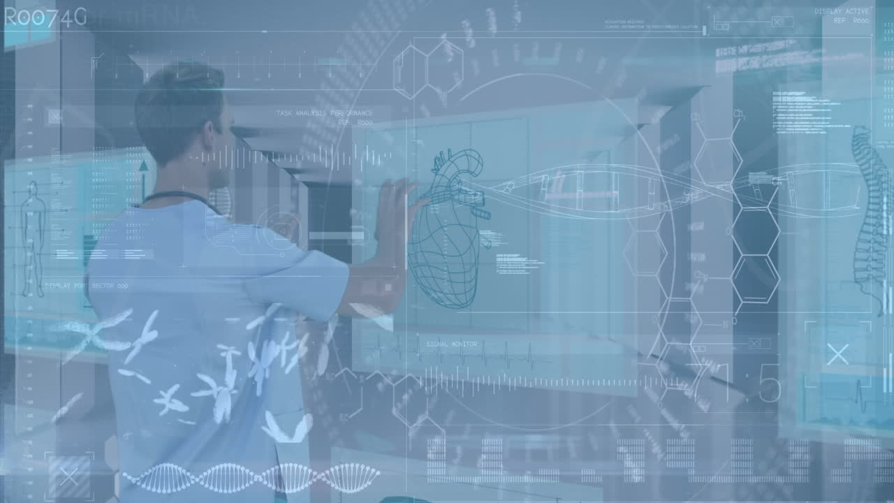composición científica hombre usando una gran pantalla táctil combinada con diagramas científicos