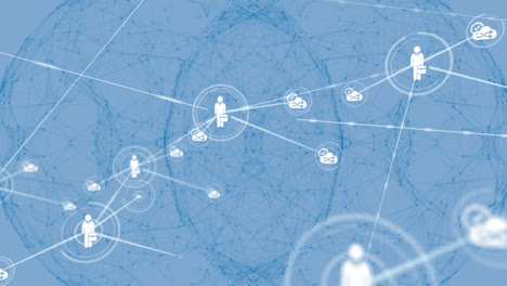 animation of network of connections with icons over shapes on white background