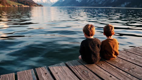 two young boys sitting on a wooden dock by a serene lake with mountains in the background