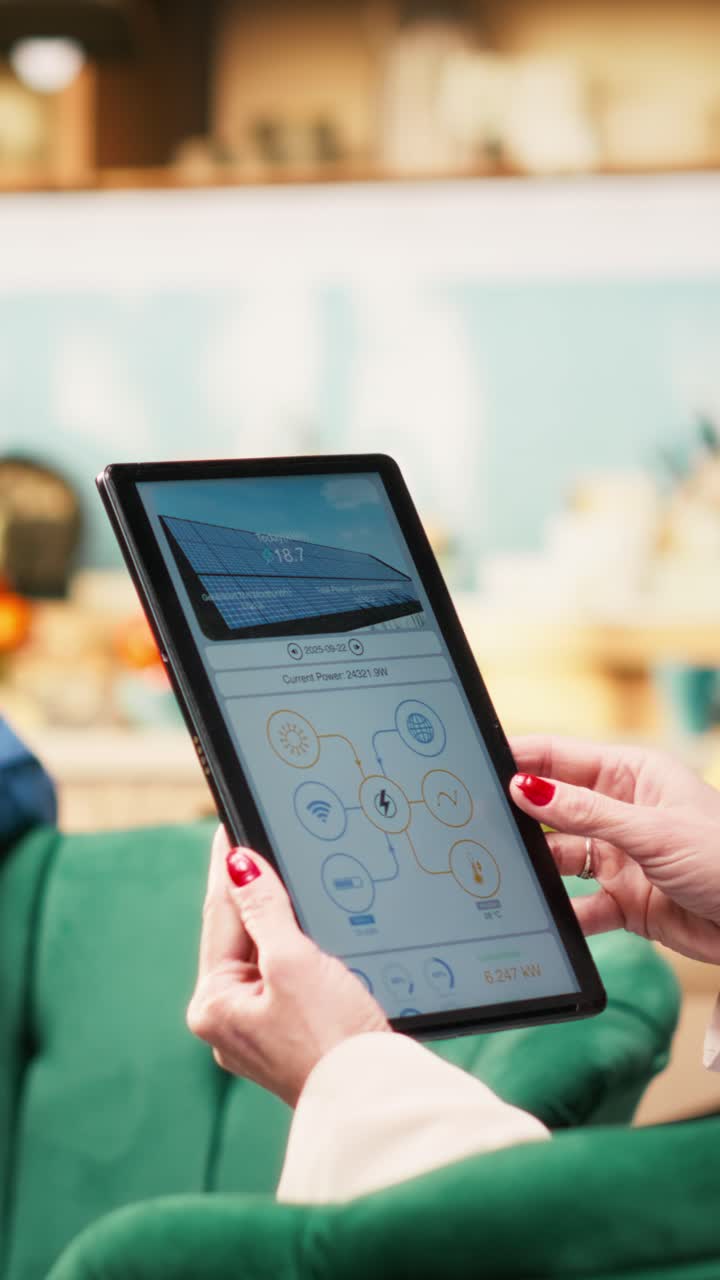 Vertical Video Senior people tracking renewable energy on tablet software app