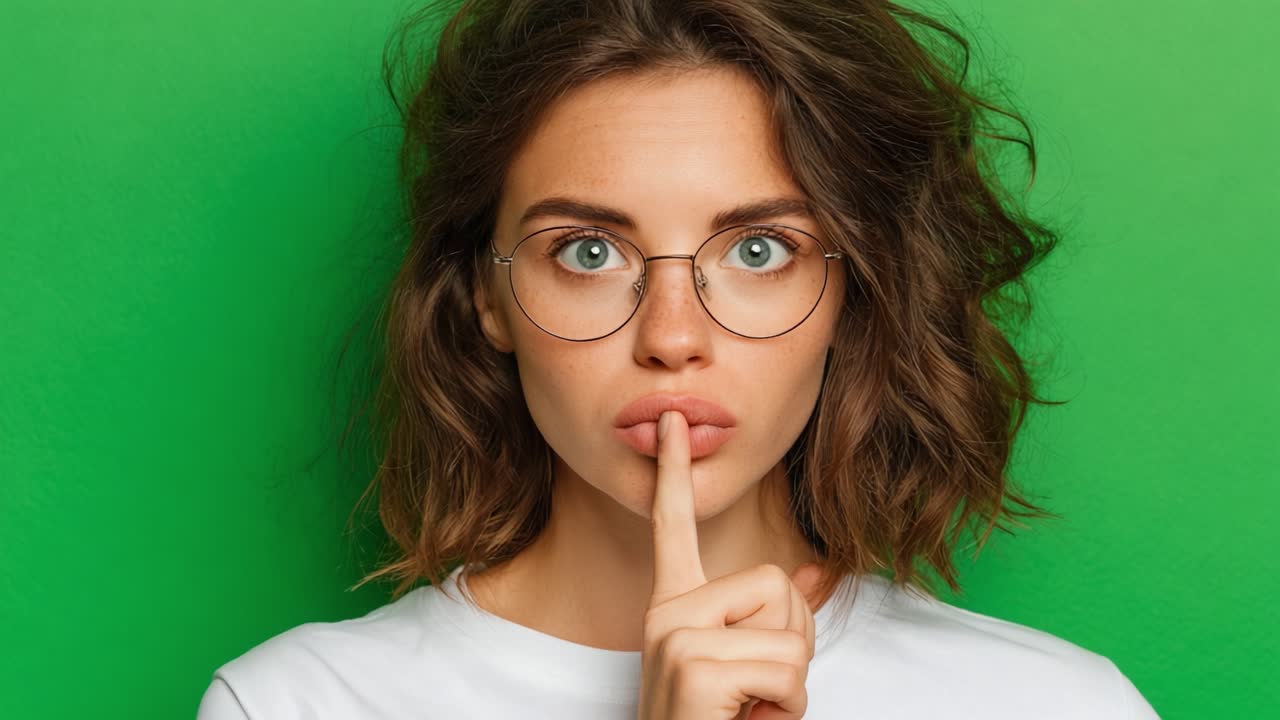 A Young Woman in Glasses Demonstrating a ‘Quiet’ Gesture Against a Vibrant Green Background, Evoking a Sense of Mystery and Intrigue with Her Expressive Eyes and Playful Pose