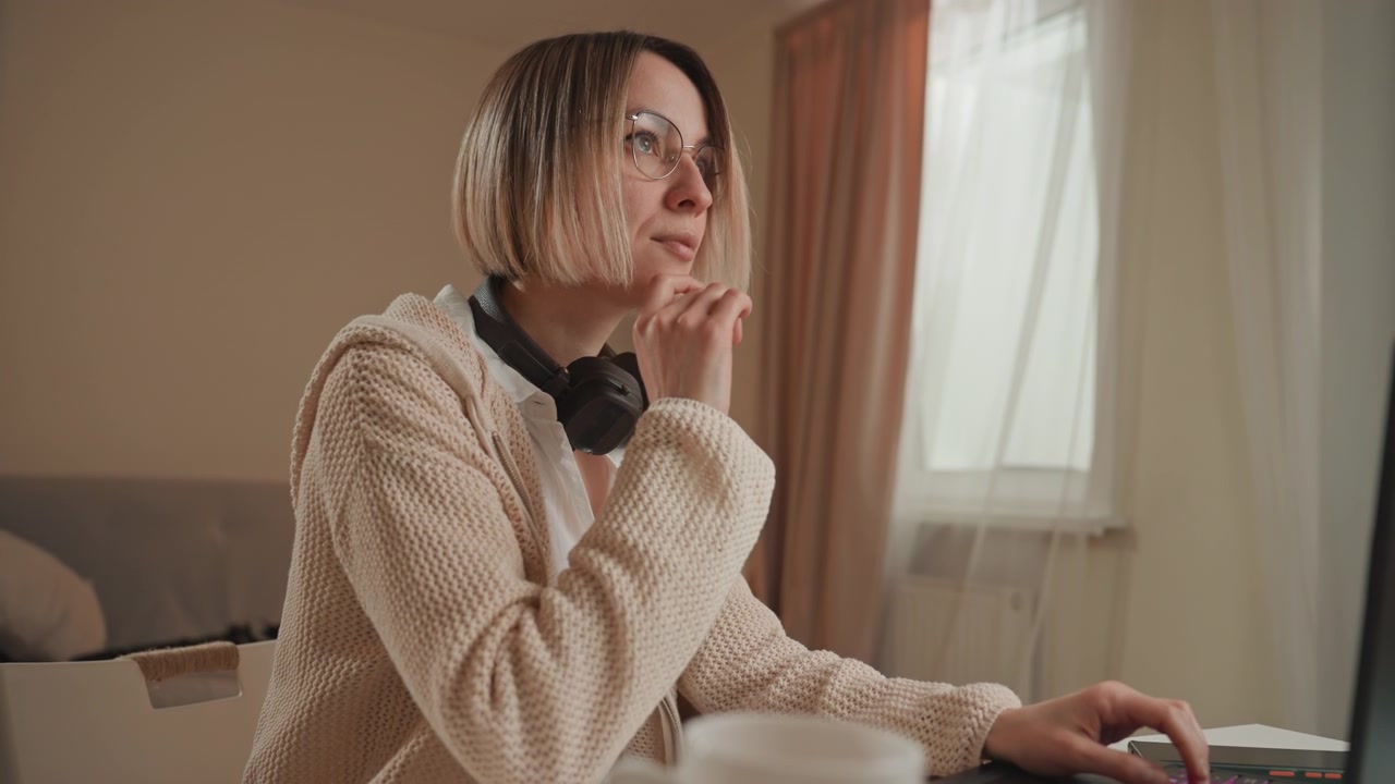 Focused home studio white woman composing on laptop with headphones, typing beats, arranging tracks, checking mixer on screen, mug on desk, concentrated posture, remote collaboration vibe, streaming