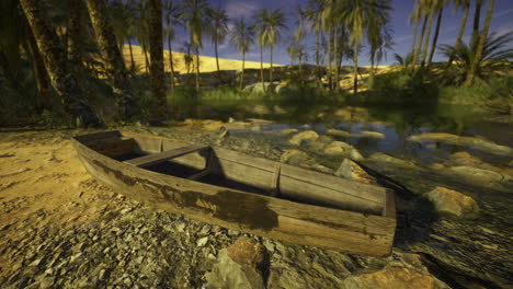 wooden boat resting by a tranquil oasis surrounded by palm trees