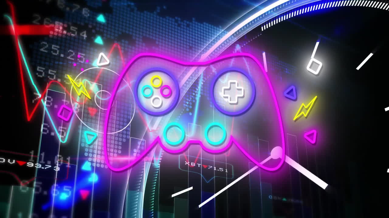 Digital animation of neon game controller with futuristic graphics in school setting