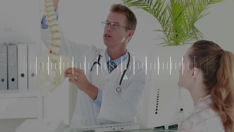 doctor explaining spine model to patient, audio waveform animation over scene