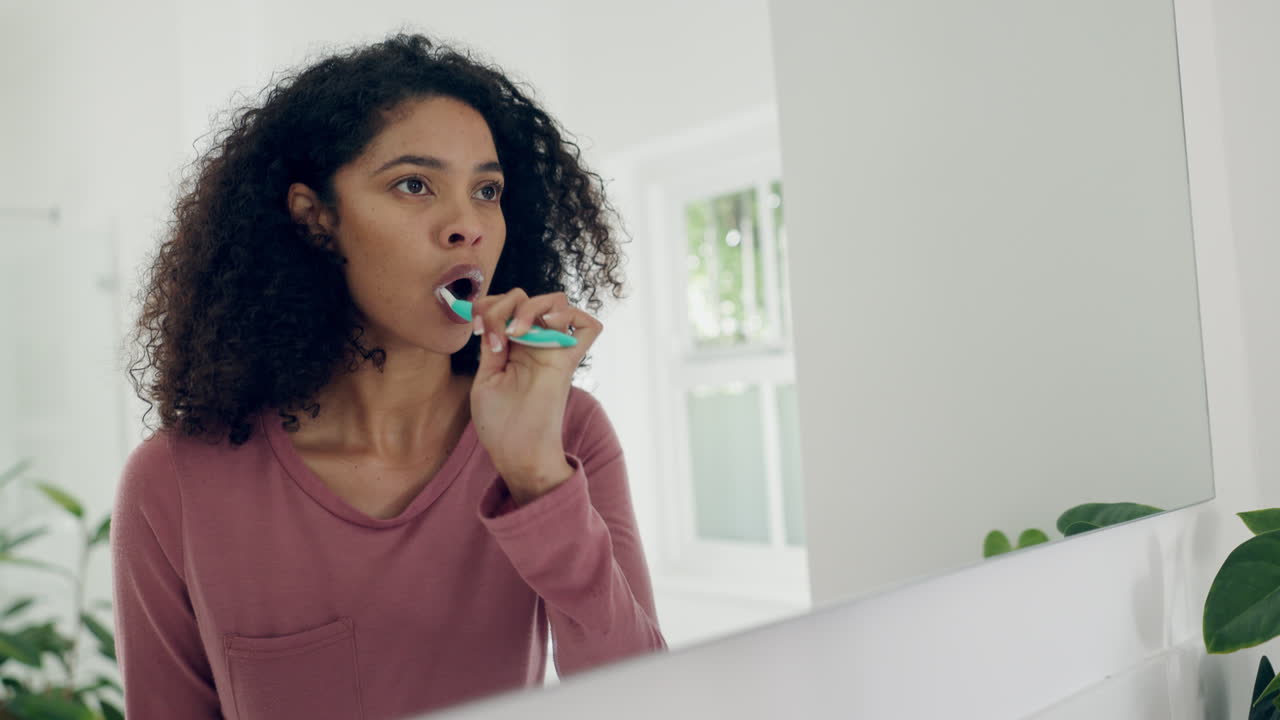 Dental, bathroom mirror or woman brushing teeth