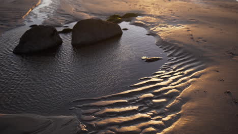 medium slow motion tilt up shot of a little pond on a beach, the sea, the rocks and the sand late in the afternoon.