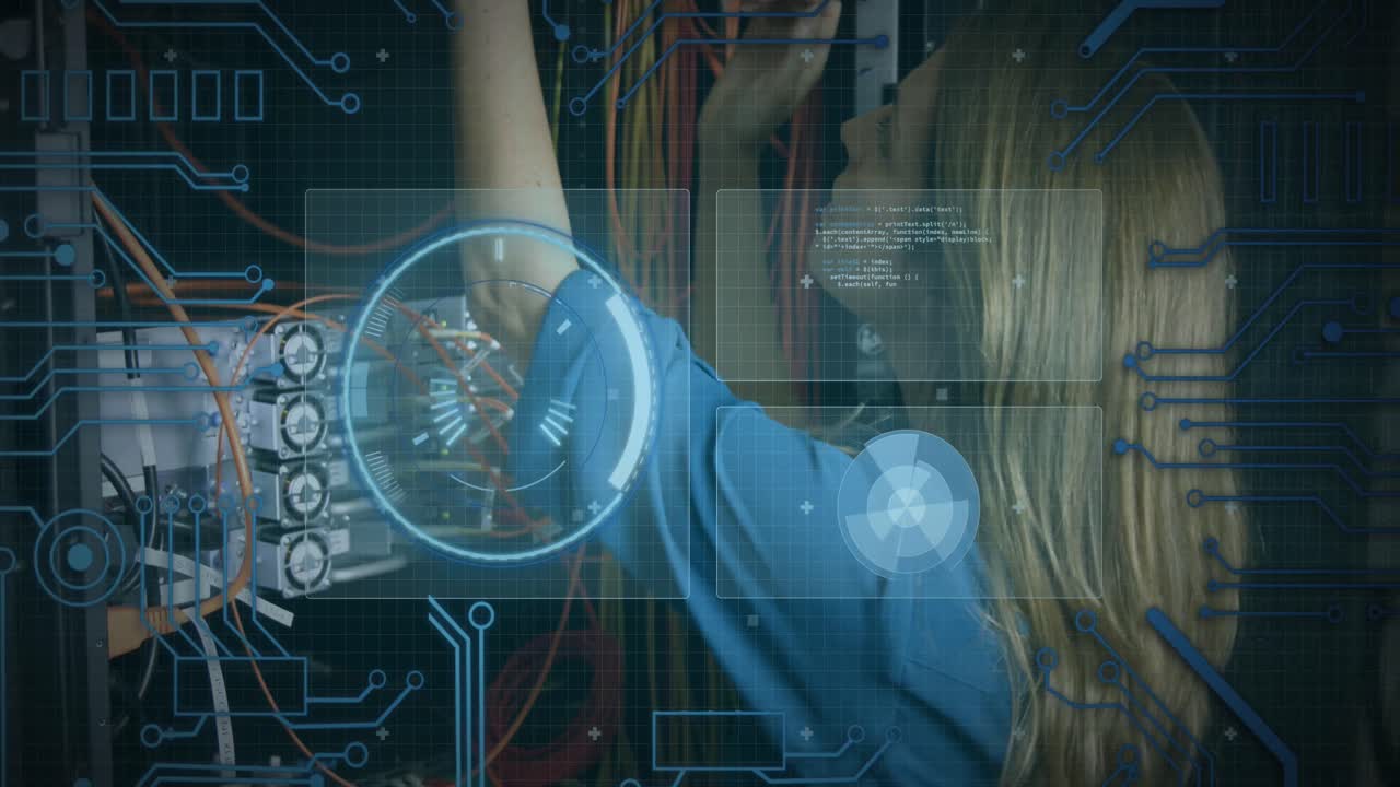 animación de escaneo de alcance y procesamiento de datos sobre el servidor informático caucásico