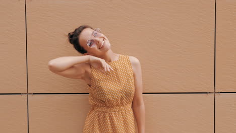 happy woman in yellow dress