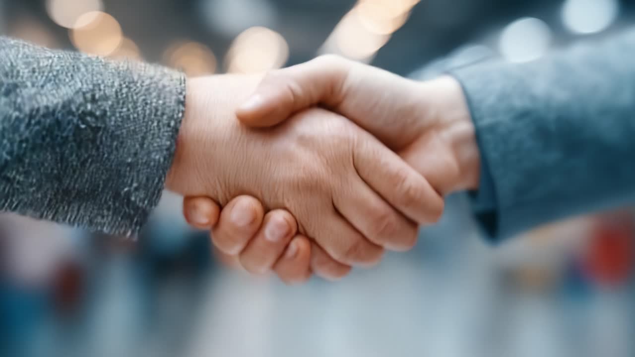 Un primo piano di due mani impegnate in una stretta di mano fiduciosa, che simboleggia collaborazione e accordo in un ambiente professionale.