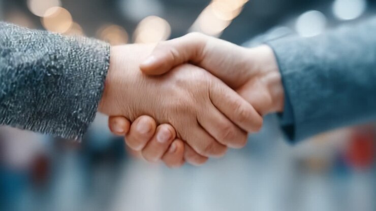 Un primo piano di due mani impegnate in una stretta di mano fiduciosa, che simboleggia collaborazione e accordo in un ambiente professionale.