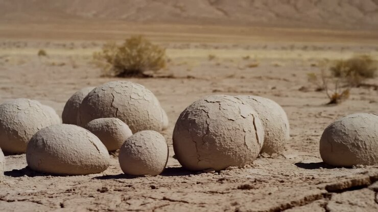Unique Spherical Geological Formations on Dry Cracked Earth