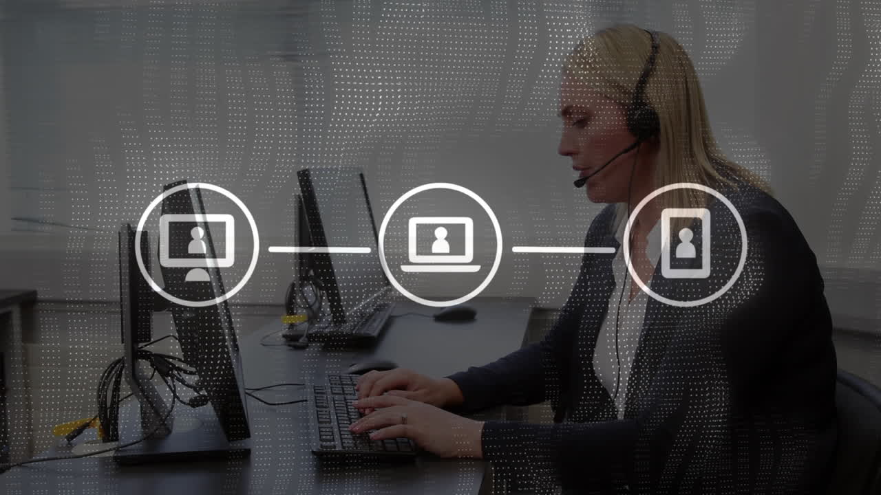 animación de ondas blancas e iconos sobre una mujer de negocios con auriculares