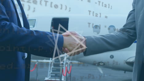 abstract shape and data processing on mid section of two businessmen shaking hands at airport runway