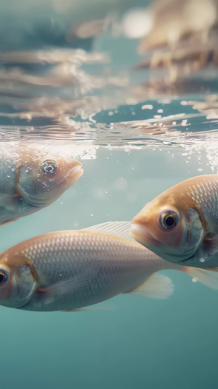 Vertical video: Swimming after fin flick, three silvery fish shifting right under rippled surface