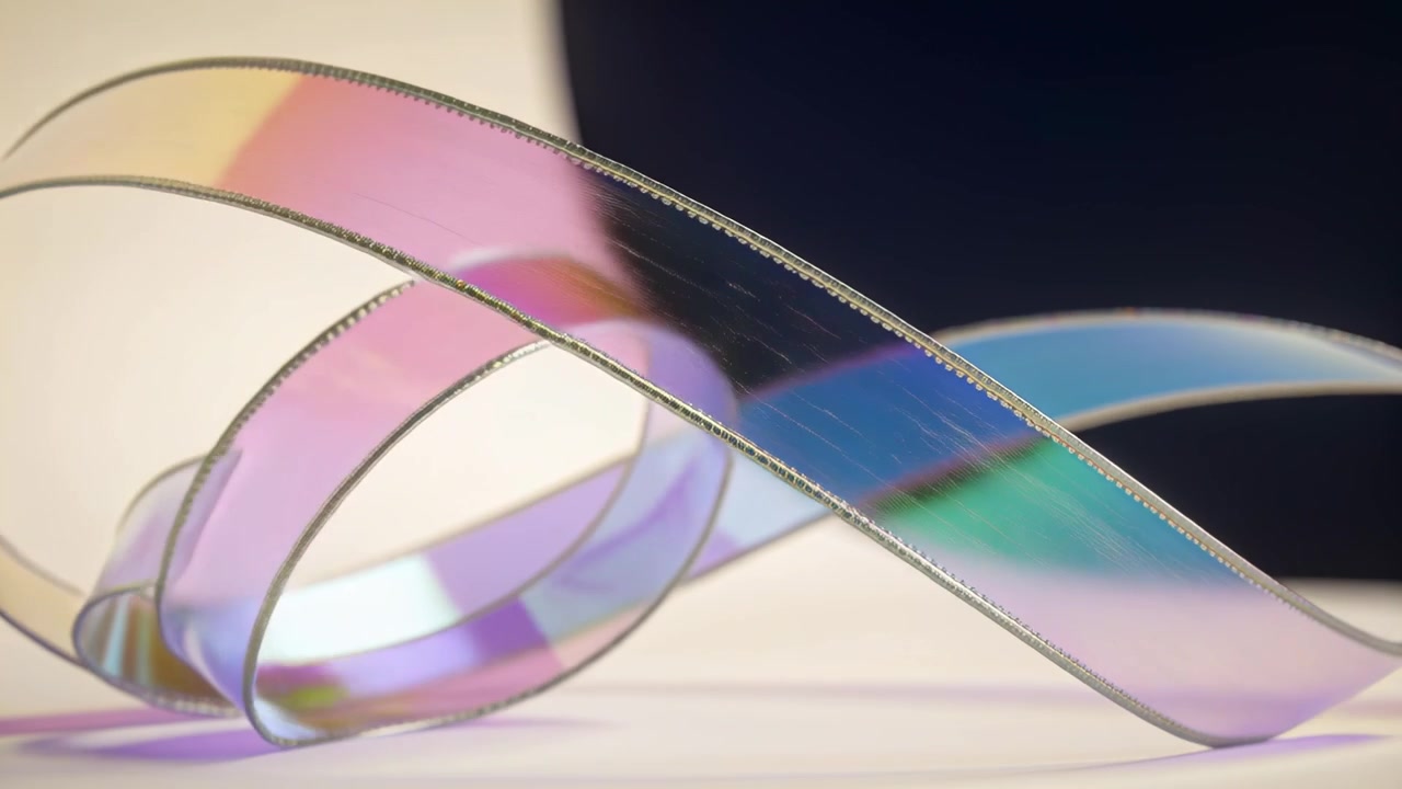 Rotating iridescent ribbon strip shifting loop into crossed coil on stage showing metal edges