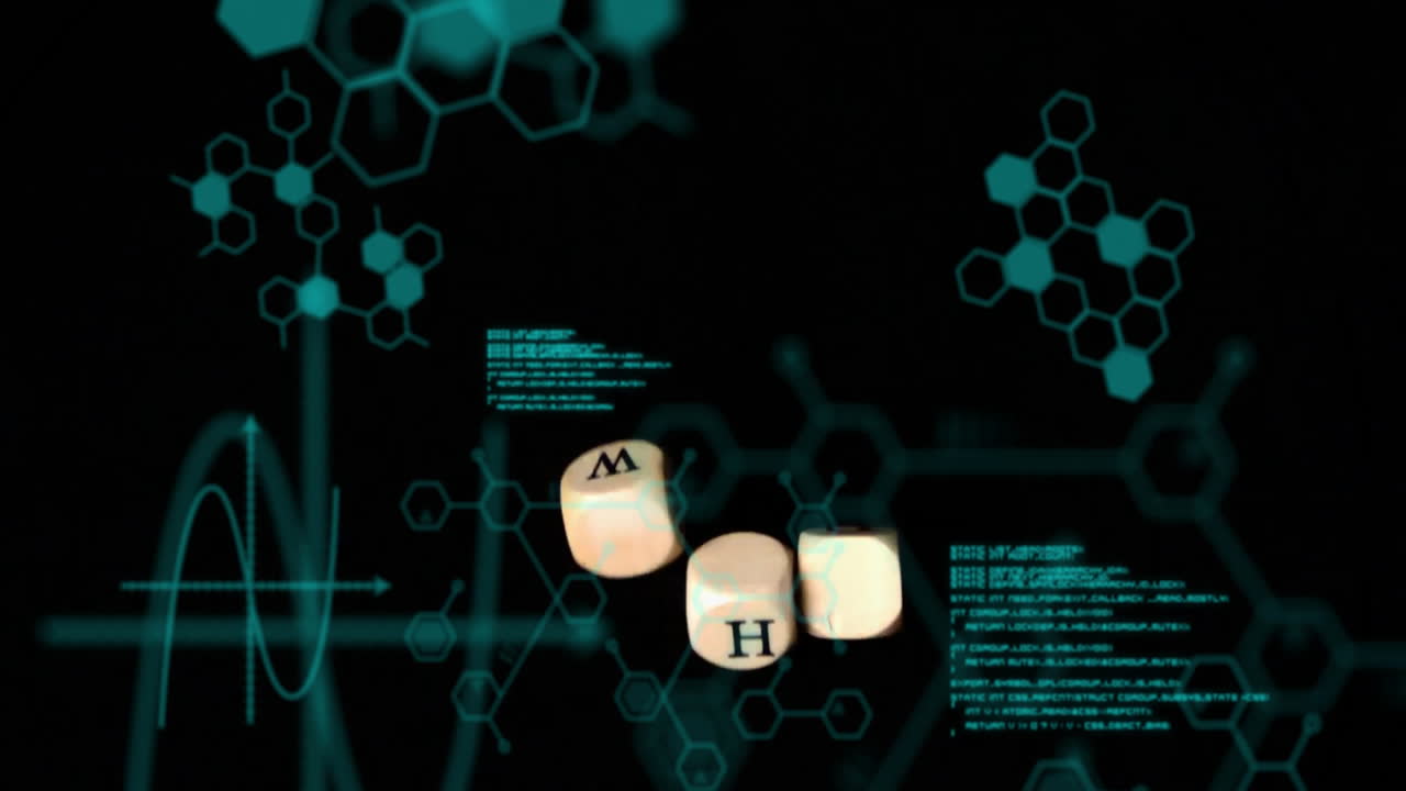 Hexagonal patterns and lettered cubes with scientific data processing animation