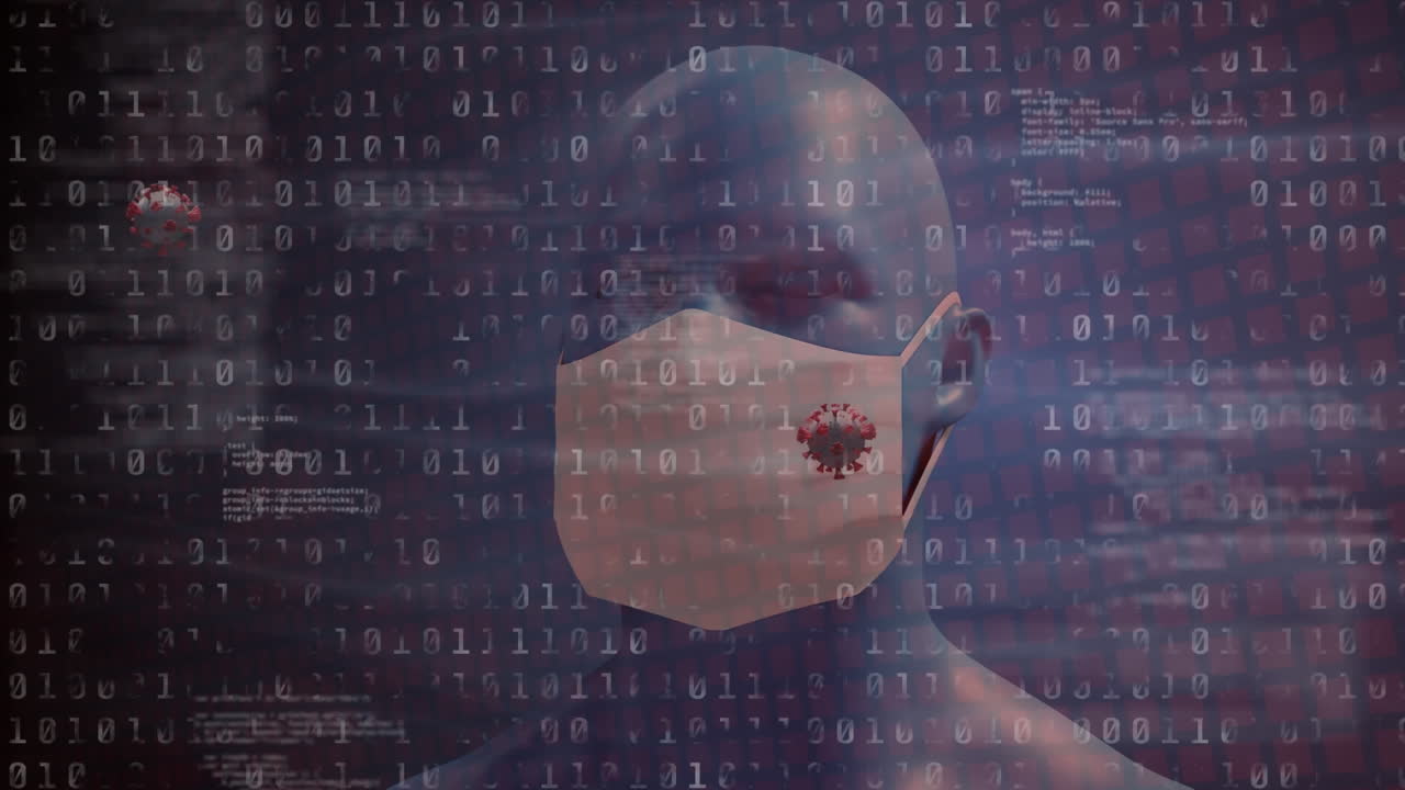 Digital composite video of covid-19 cells floating over a 3d human head model wearing a face mask
