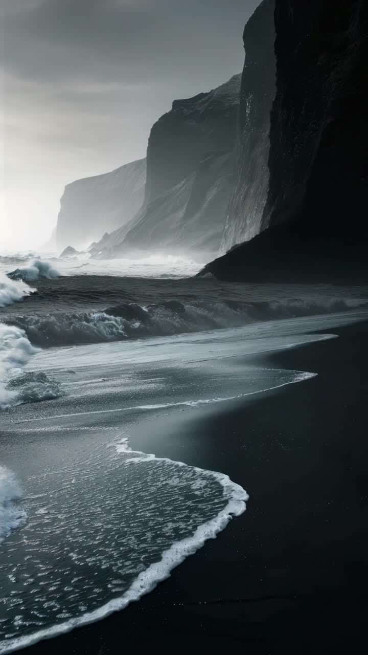 Moody seascape video with towering cliffs and waves captured from a low angle