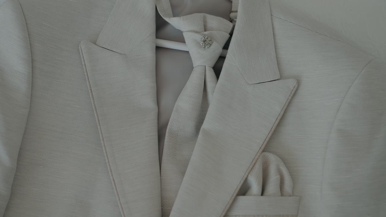 Light beige suit with a matching tie and crystal pin hanging on a white hanger