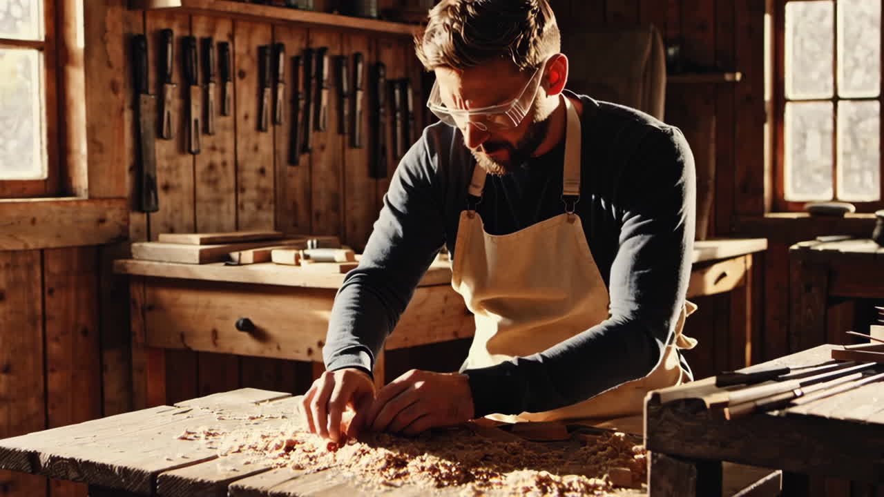 Craftsman Working in a Woodworking Workshop