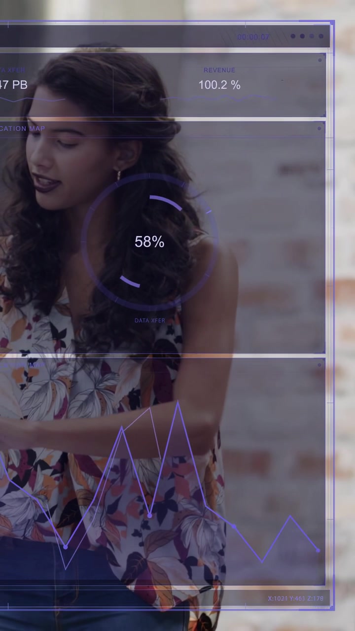 Vídeo vertical: Analista segurando relatório, alcançando o teclado, sobreposição roxa atualizando o progresso para 62%.