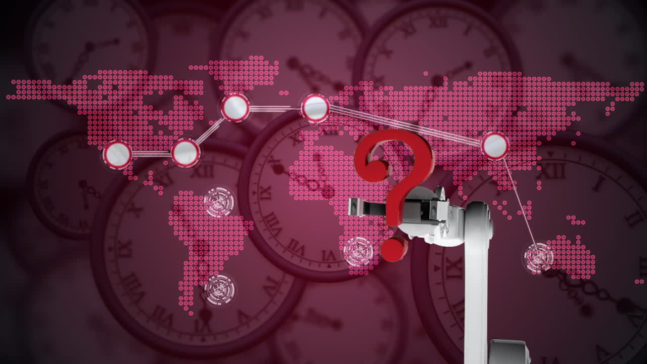 로 ⁇  팔이 빨간 물음표를 들고 있는 애니메이션과 시계 위의 글로벌 네트워크 지도