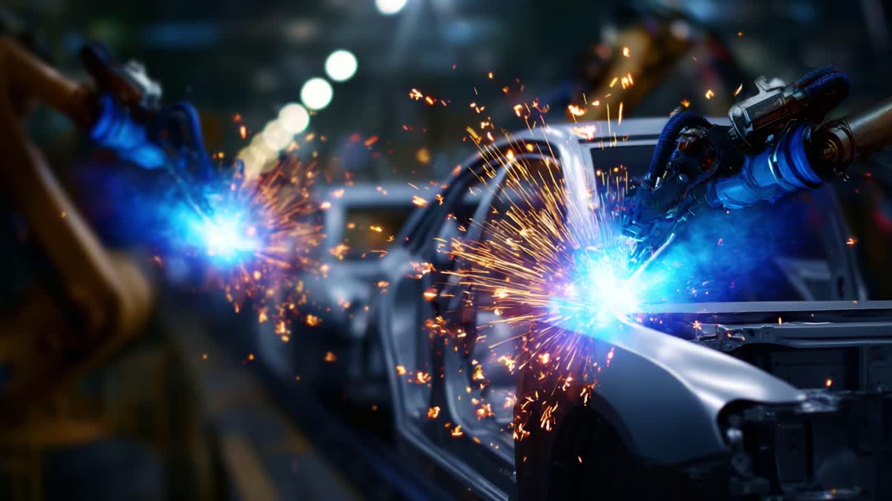 Advanced Robotics in Automotive Manufacturing: Showcasing Precision Welding Processes with Vibrant Sparks and Automated Technology in an Industry Setting