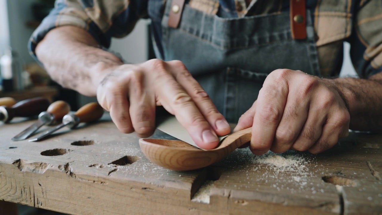 Starting with spoon on bench sanding carver hands finishing spoon bowl using pad, apron, chisels