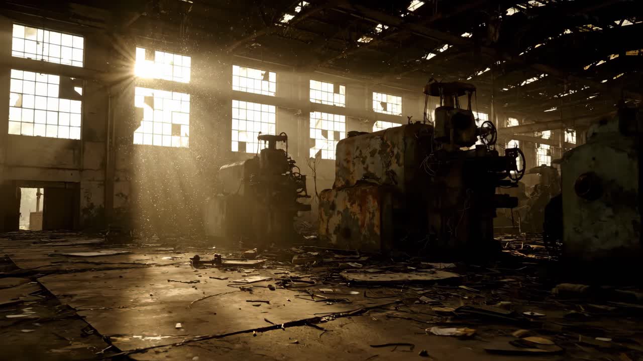Abandoned and Decaying Factory with Sunlight Streaming Through Windows
