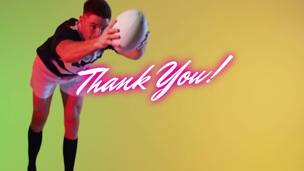 Holding rugby ball, player standing with Thank You! text on colorful animation