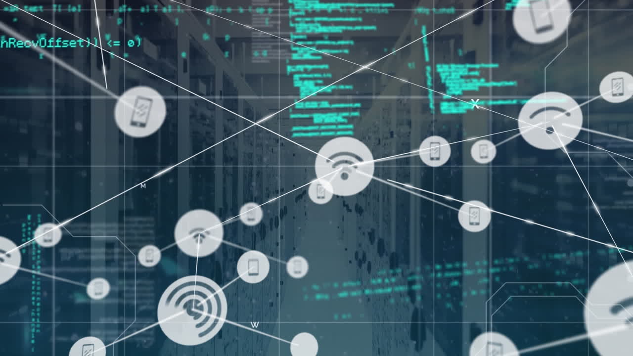 Animation of network of digital icons and data processing against computer server room