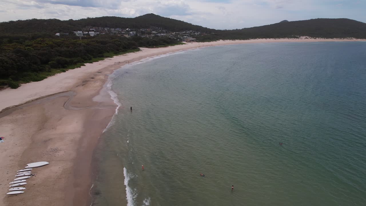Sandy Shore And Ocean, Fingal Beach In New South Wales, Australia - Aerial Shot