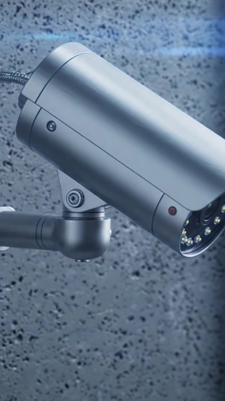 High-Definition Surveillance Camera Featuring Night Vision LEDs and Active Recording Indicator on a Textured Gray Background