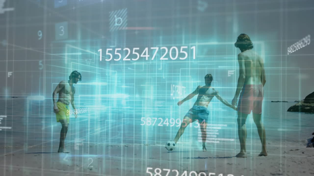 Young people playing soccer on beach with digital data overlay animation