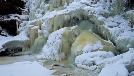 Snow-and-ice,-winter-scenery-from-river-Homla-and-frozen-waterfalls