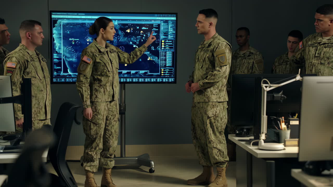 Military personnel conducting a briefing with a tactical display