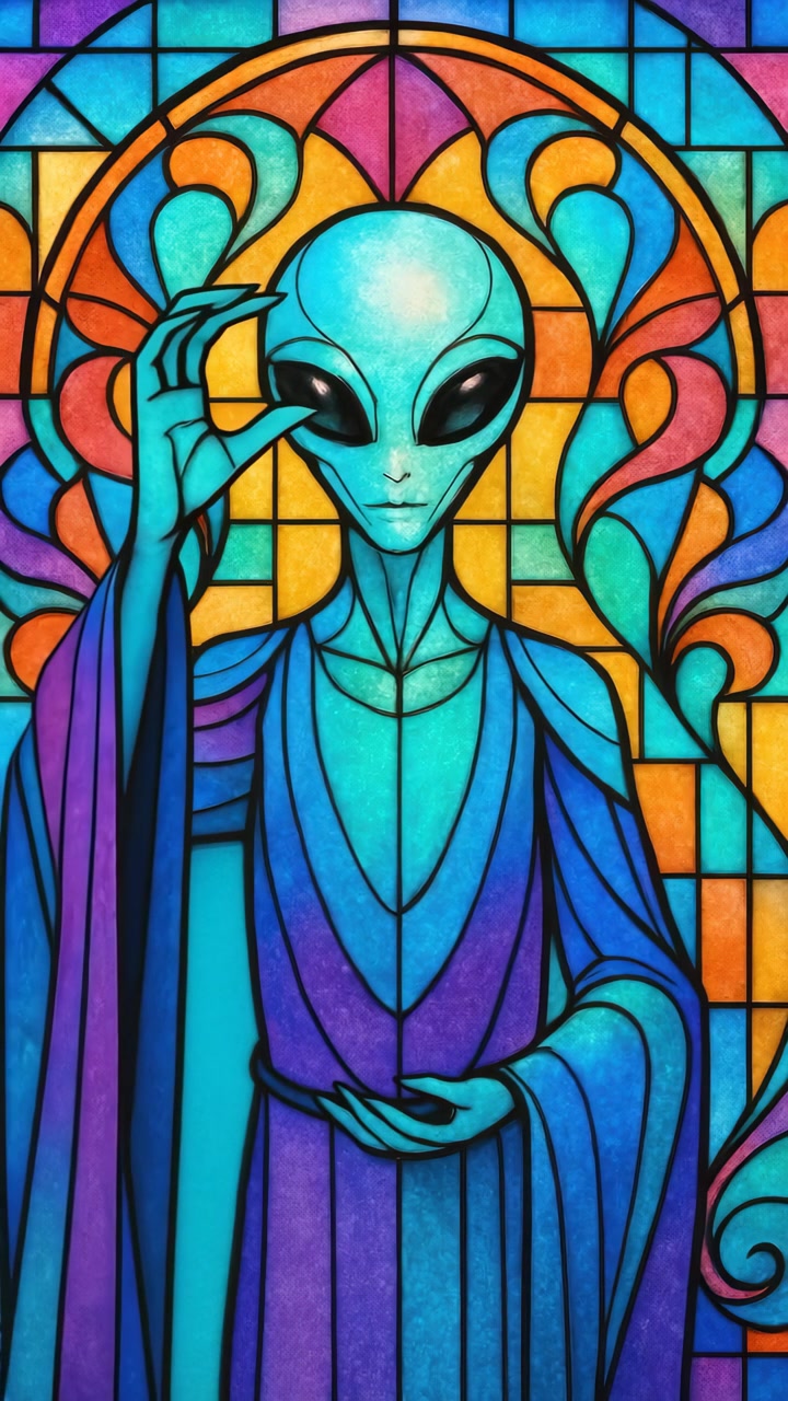 Glassmaleri-alienfigur med fargerik geometrisk bakgrunn