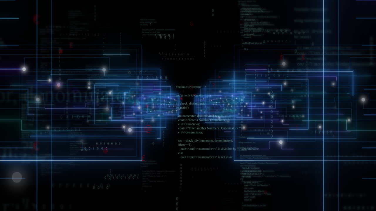 Animation of data processing over neon shapes