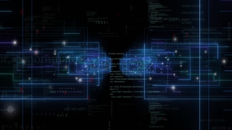 Animation of data processing over neon shapes