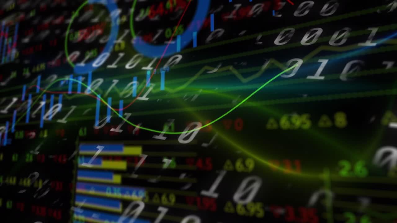 Animation of data processing and diagrams on black background